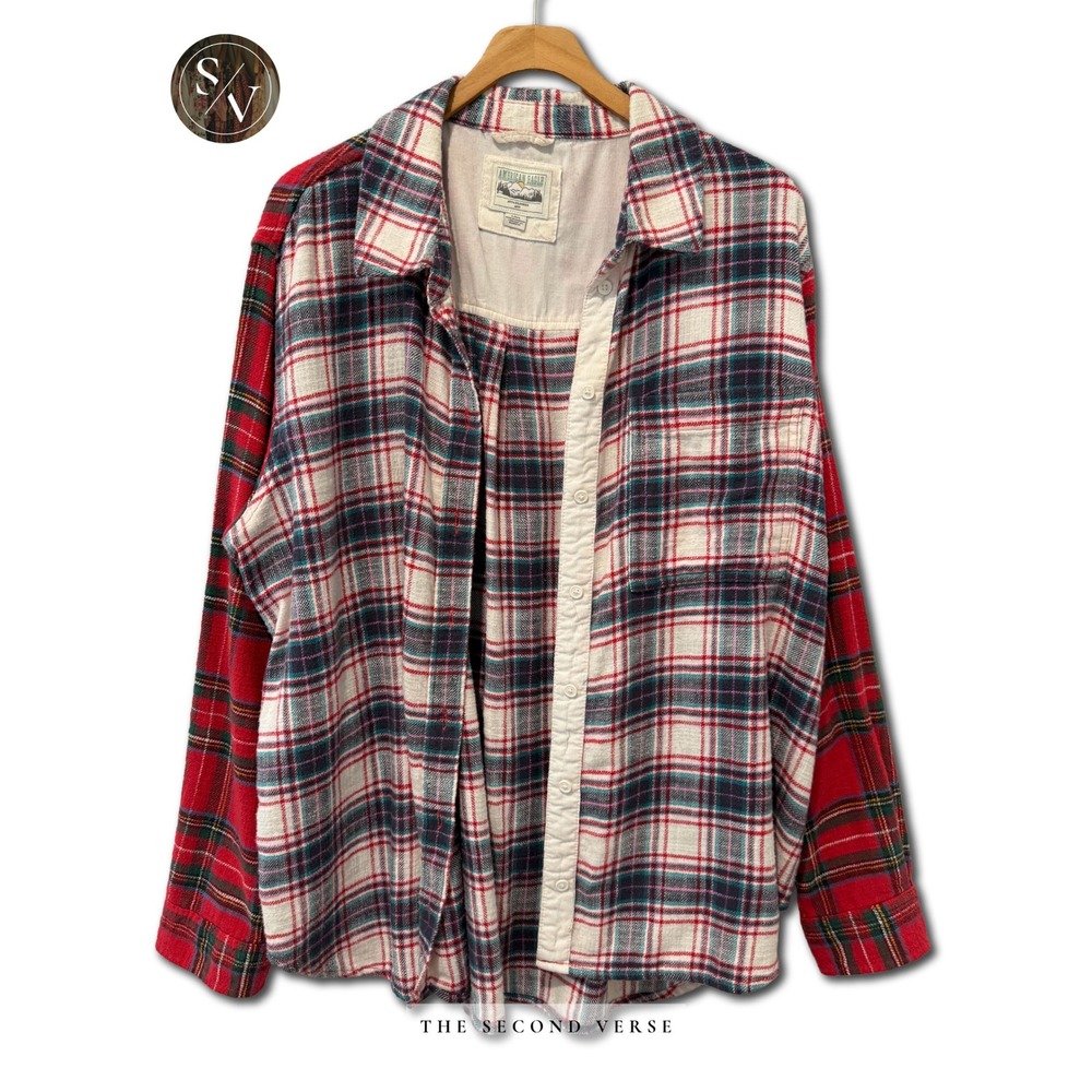 American Eagle Mens Plaid Colorblock Patchwork Flannel Shirt Red Blue Large